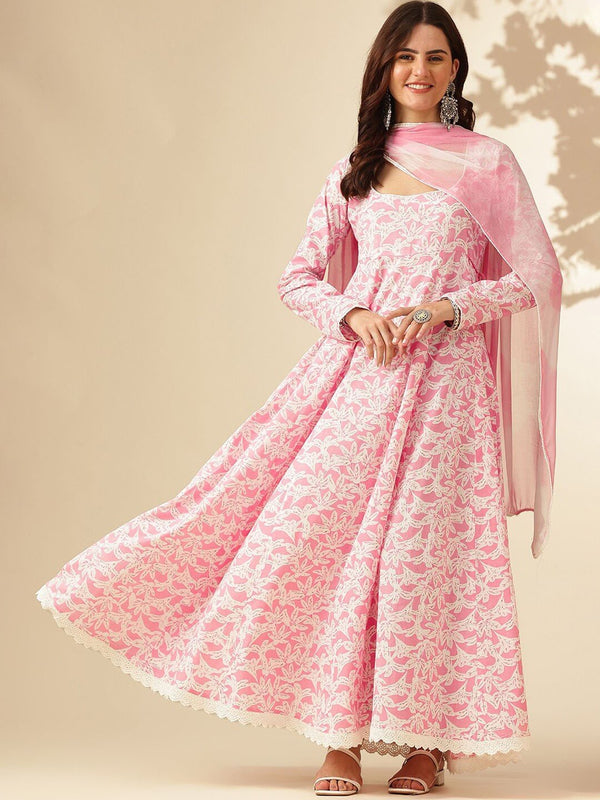 Women's Pastel Pink & White Floral Printed Anarkali Kurta with Dupatta