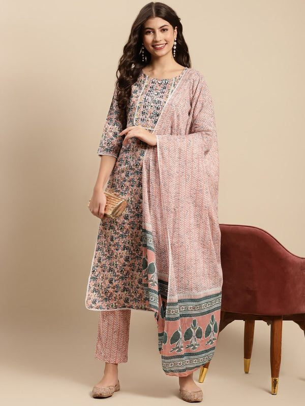 Peach & Blue Floral-Printed Pure-Cotton Kurta Set with Trousers & Dupatta