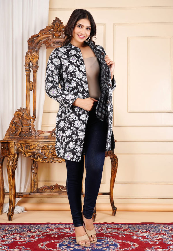 Handgemachte Damen Steppjacke aus Baumwolle Grün Blumenprint - Langarm Boho Wintermode Floral Wendemantel