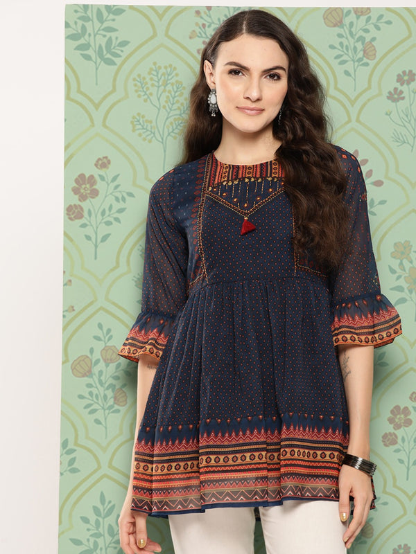 Printed Indigo Tunic for Women with Round Neck & Three-Quarter Sleeves