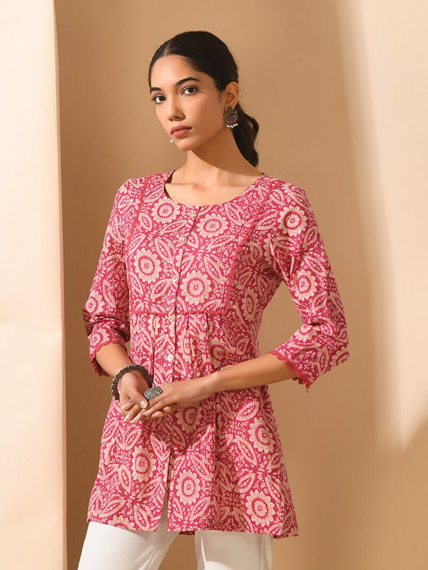 Pink Floral Printed Cotton Tunic with Lace Inserts