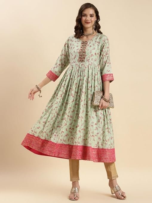 Sea Green Silk Anarkali Kurti: Embroidered Elegance with Sequin Accents