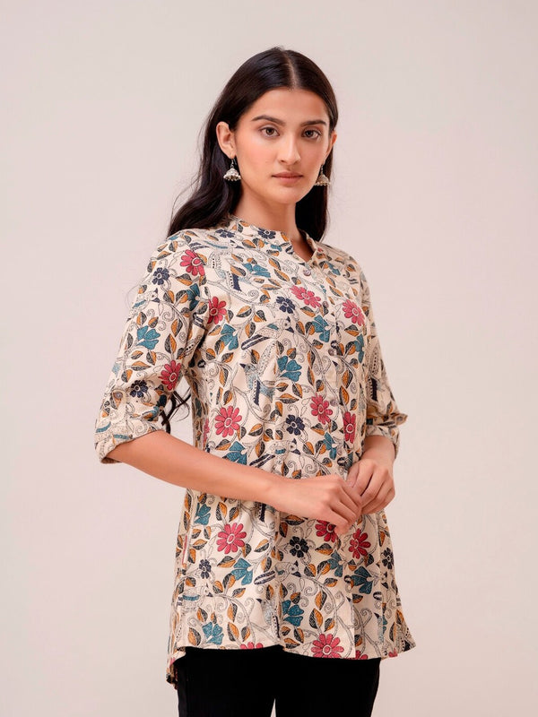 Beige Floral Printed Mandarin Collar Tunic - Three-Quarter Sleeves, Ethnic Wear