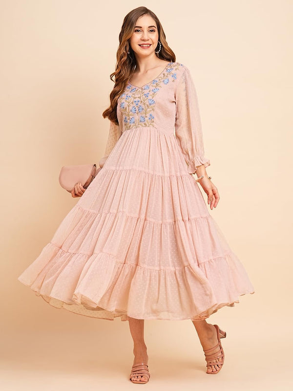 Women's Floral Embroidered Puff Sleeve Chiffon Flared Tiered Kurta Gown Maxi Dress