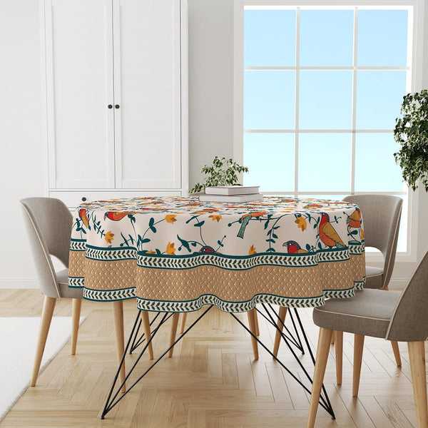 Premium Cotton Circular Tablecloth - Birds Land Design | 60 Inch Round Table Cover with Decorative Border | Perfect for 4 Seater Dining Tables | Multicolor