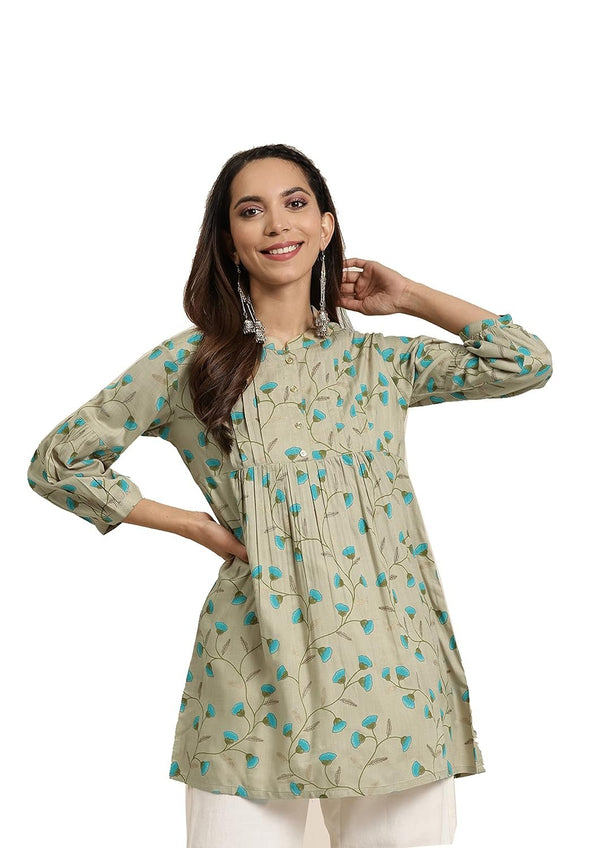 Elegantes, kurzes Kurta aus Viskose mit Blumenmuster für Damen – taillenlang, Mandarinkragen