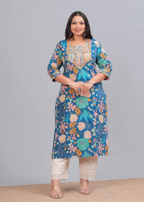 Plus Size Women’s Kantha Work Printed Pure Cotton Straight Kurta with Elegant Gota Patti Embroidery