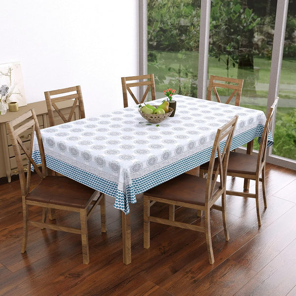 Handmade Hand Block/Batik Printed Cotton Rectangular Tablecloth for 6-Seater Dining Table (60 x 90 Inch, Grey Circle Pattern)