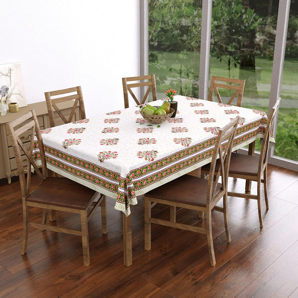 Handmade Hand Block/Batik Printed Cotton Rectangular Tablecloth for 6-Seater Dining Table (60 x 90 Inch, Green & Pink Motifs)