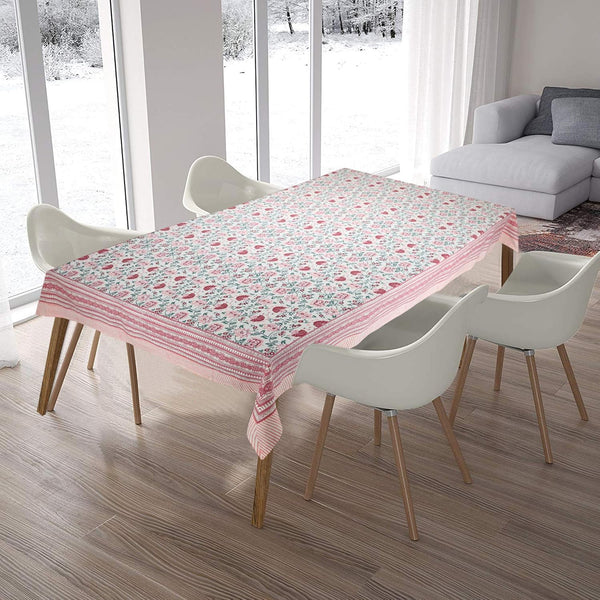 Hand Block & Batik Printed Cotton Tablecloth for 6-Seater Dining Table (60 x 90 Inches, Pink Kalamkari Design)