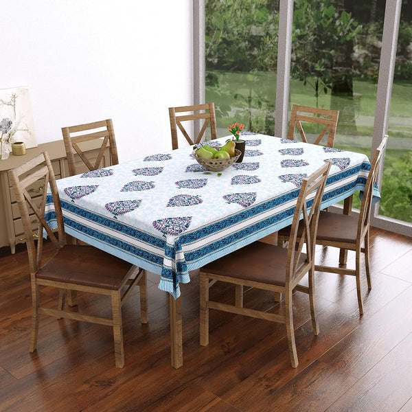 Hand Block & Batik Printed Cotton Rectangular Tablecloth for 6-Seater Dining Table (60 x 90 Inches, Blue & Purple Motifs, Pack of 1)