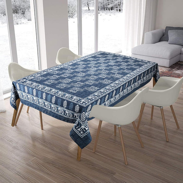 Handmade Hand Block/Batik Printed Cotton Rectangular Tablecloth for 6-Seater Dining Table (145 cm x 225 cm, Grey Elephant Print)