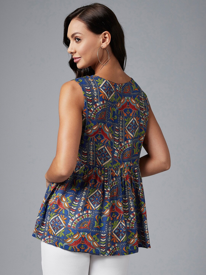 Blue Empire Top with Ethnic Motifs Print - Sleeveless Round Neck Gathered Detail - MEHKFABShort kurti