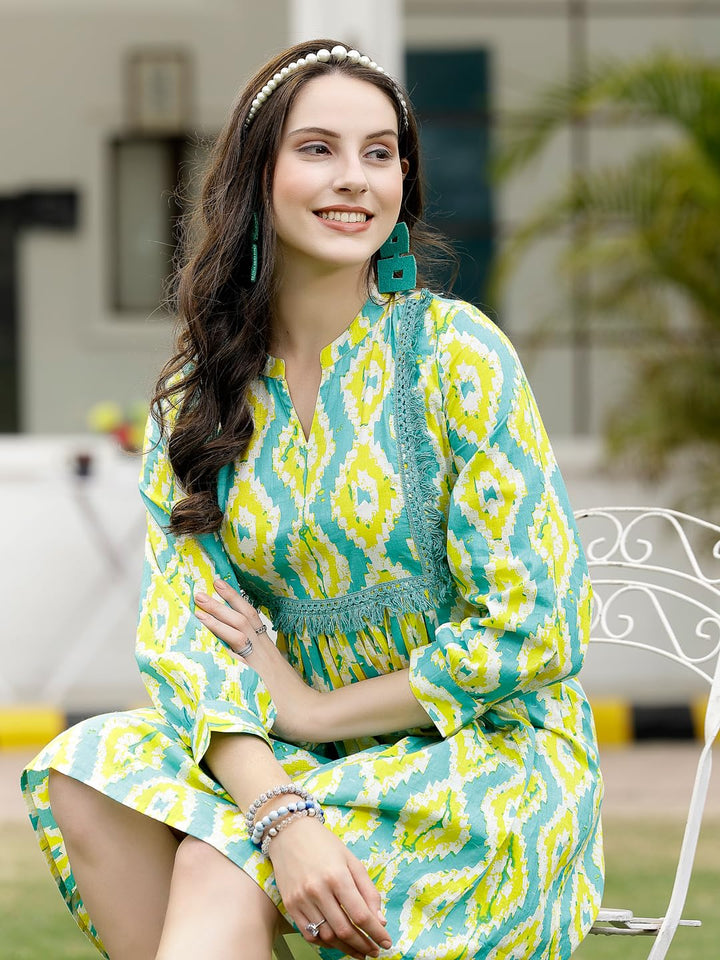 Green Tropical Printed Cotton A-Line Midi Dress with Mandarin Collar - MEHKFABKurti Dress