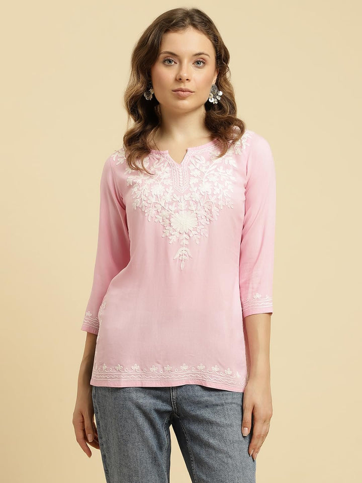 Kashmiri Embriodered Short Kurti Light Pink - MEHKFABShort kurti