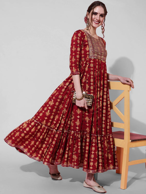 Maroon Ethnic Motifs Printed Anarkali Kurta with Sequins Detail - MEHKFABKurti Dress