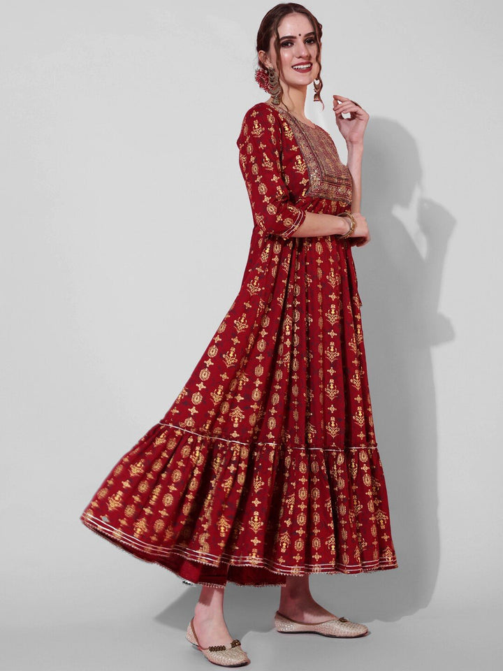 Maroon Ethnic Motifs Printed Anarkali Kurta with Sequins Detail - MEHKFABKurti Dress