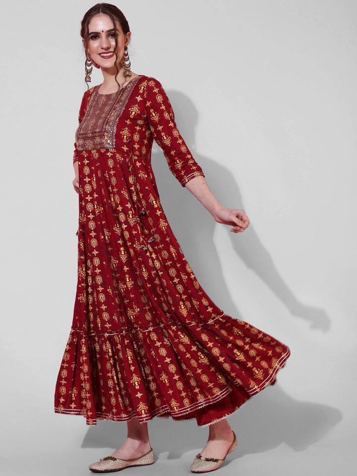 Maroon Ethnic Motifs Printed Anarkali Kurta with Sequins Detail - MEHKFABKurti Dress