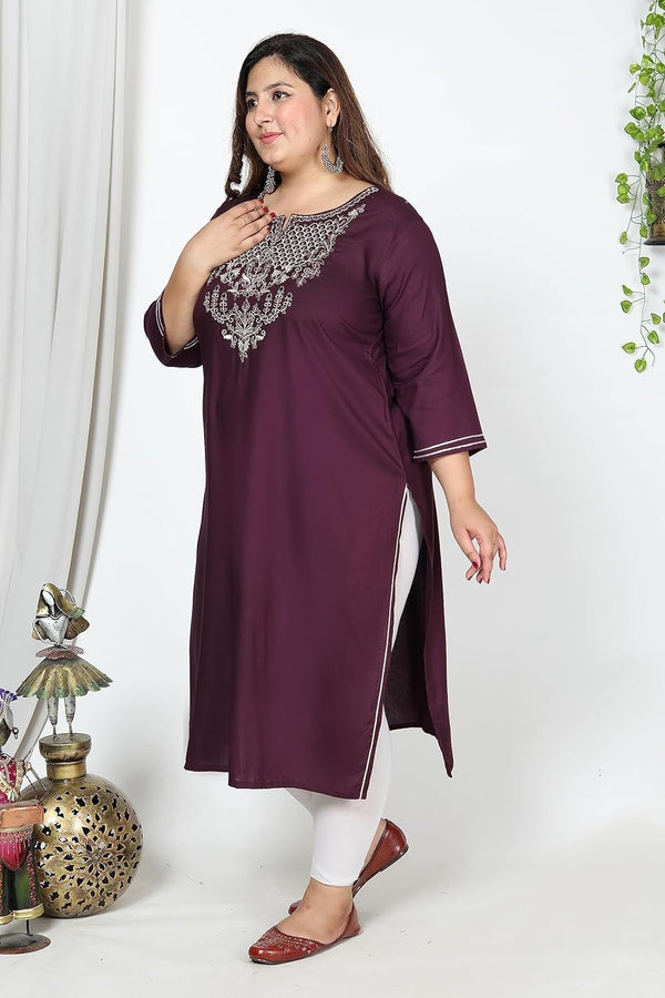 Plus Size Purple Embroidered Solid Print Cotton Blend Straight Kurta - MEHKFABPlus size Clothing