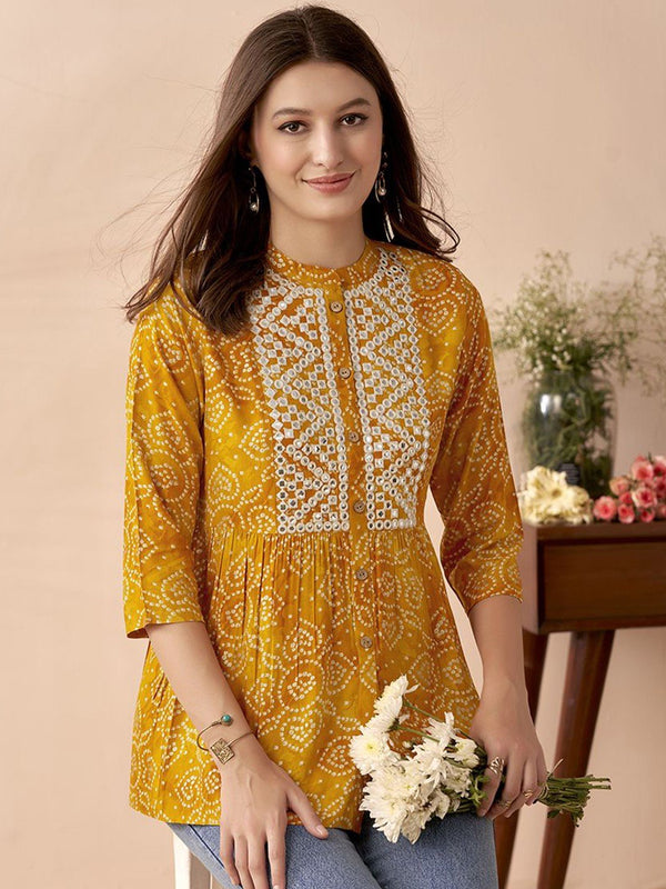 Bandhani Elegance: A-Line Short Kurti with Thread Work