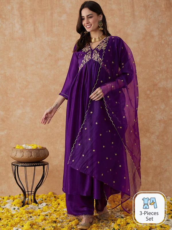 Purple Ethnic Motifs Embroidered Anarkali Kurta with Palazzo & Dupatta Set