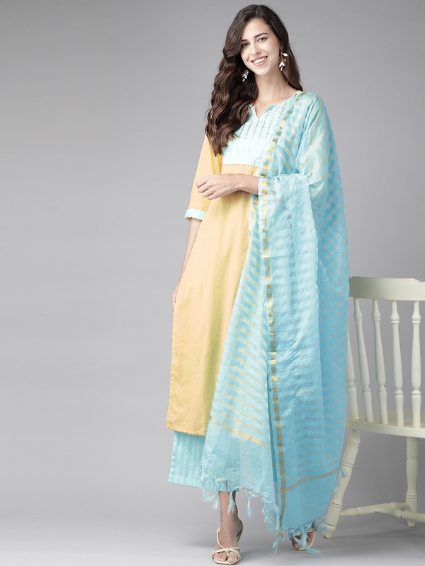 Women's Yellow & Blue Dobby Handloom Pure Cotton Kurta with Palazzos & Dupatta