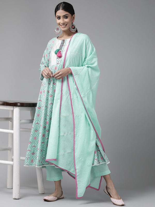 Women's Sea Green Ethnic Motifs Printed Empire Cotton Kurta with Trousers & Dupatta